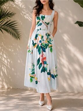 BURRYCO Light Blue Floral Print Embellished Midi Dress with Square Neck
